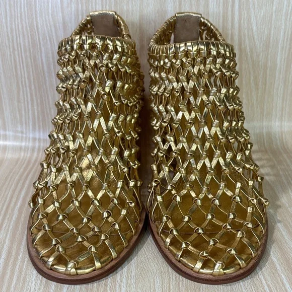 CECELIA Gold Woven Leather Block Heel Sandals 10 Statement Luxe - Picture 4 of 7